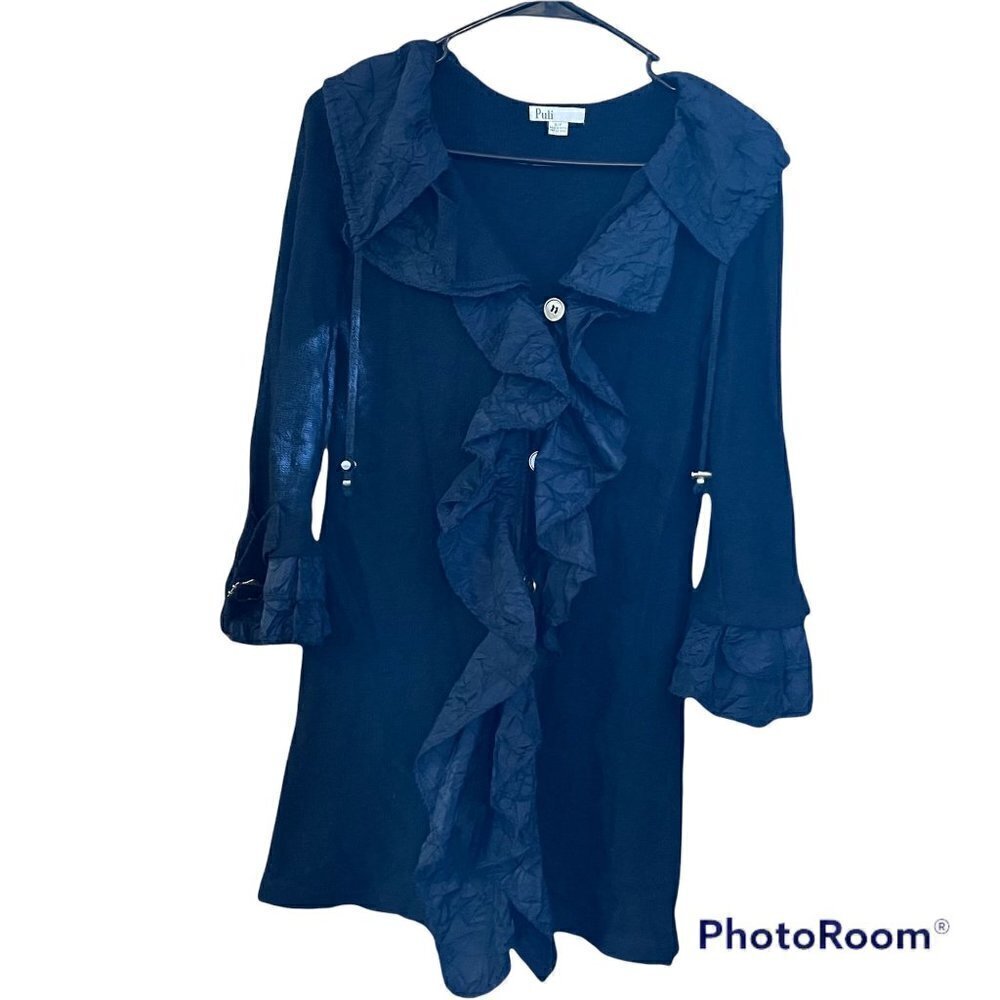 Puli Navy 3/4 Sleeve Ruffle Front Sweater Cardigan